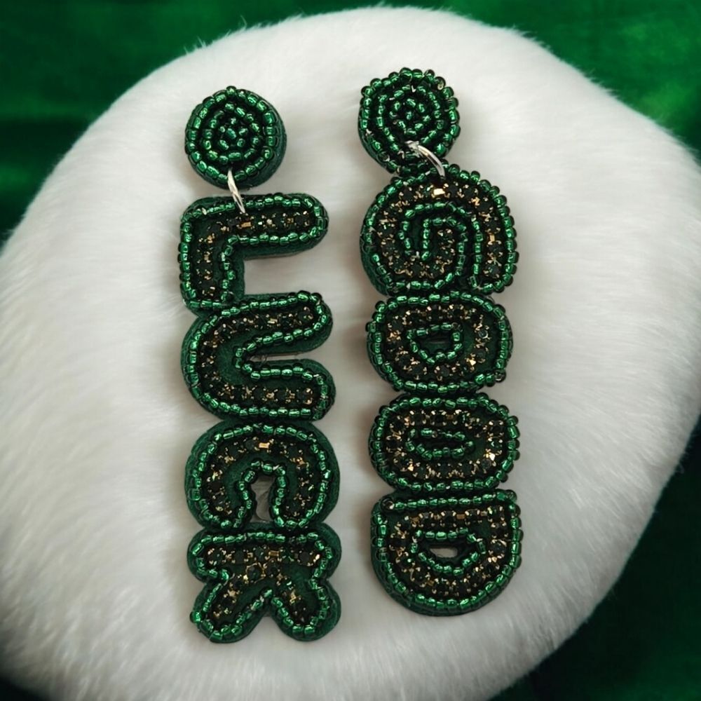 Good Luck Beaded Earrings Large Beadwork Green Bead Lucky St Patrick's Day New